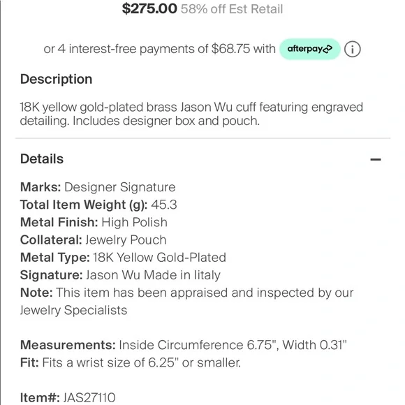 Jason Wu 18k Gold Plated Cuff Bracelet - Picture 8 of 8